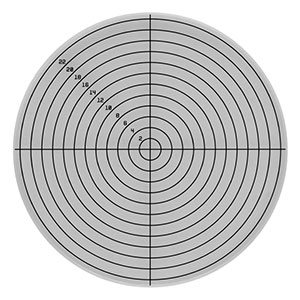 R1DS2P3 - 同心円＆十字線レチクル、ポジ型、Ø25.4 mm(Ø1インチ)、ピッチ2 mm、線幅100 µm、円12個、UVFS製